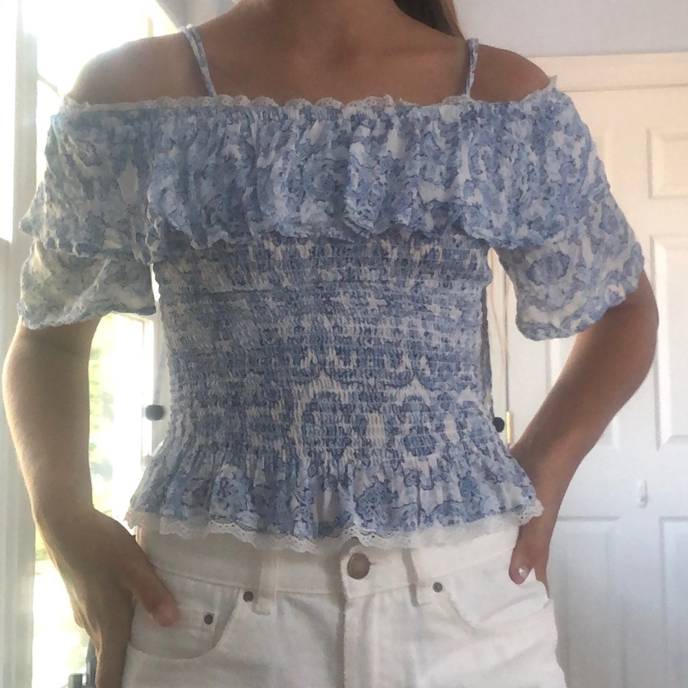 Frilly blue and white tight top